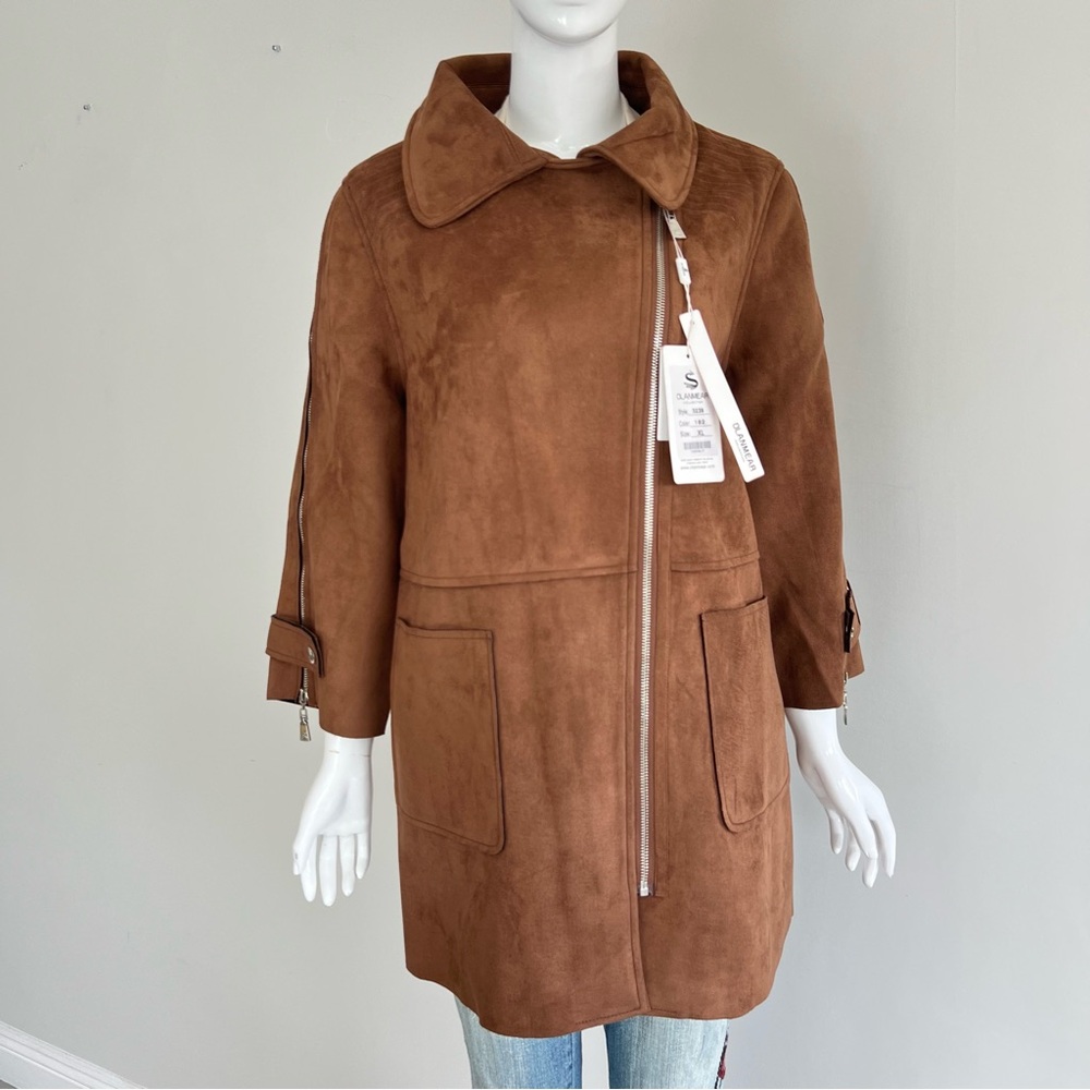 OLANMEAR Tan Faux Suede Front Zipper Pockets Long Sleeves Blazer Jacket Sz XL